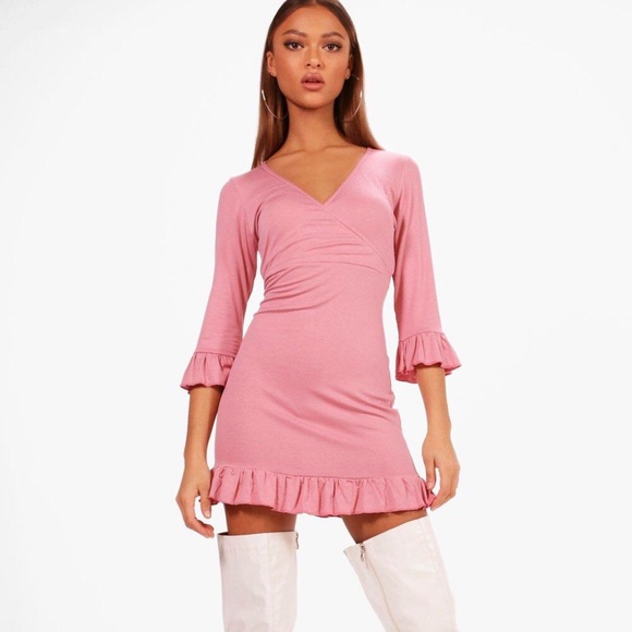boohoo pink ruffle dress
